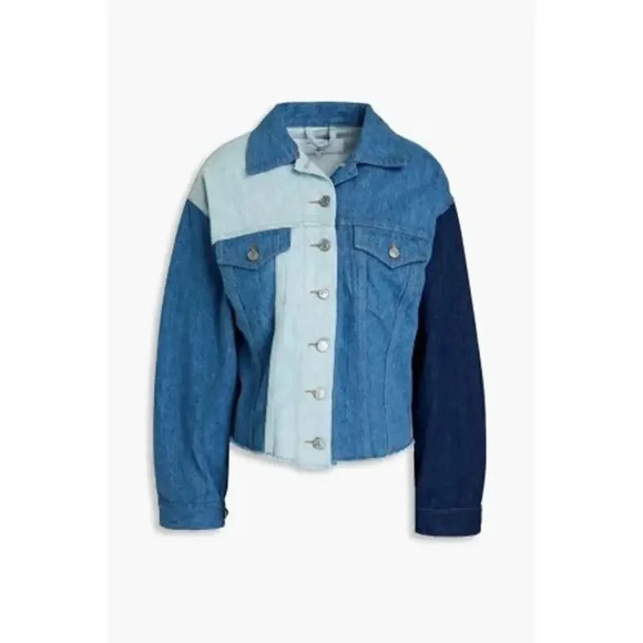 NWT 7 FOR ALL MANKIND PATCHWORK-EFFECT DENIM JACKET Raw Hem Blue Size M